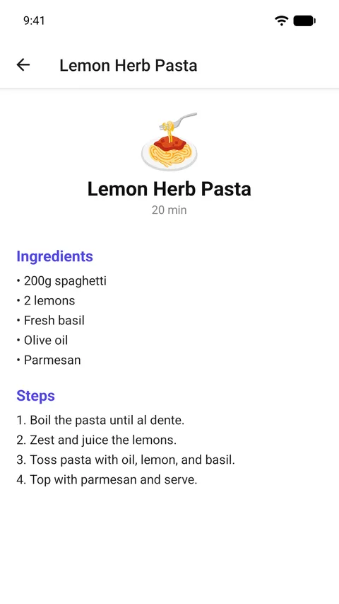 Android screenshot: the Lemon Herb Pasta recipe