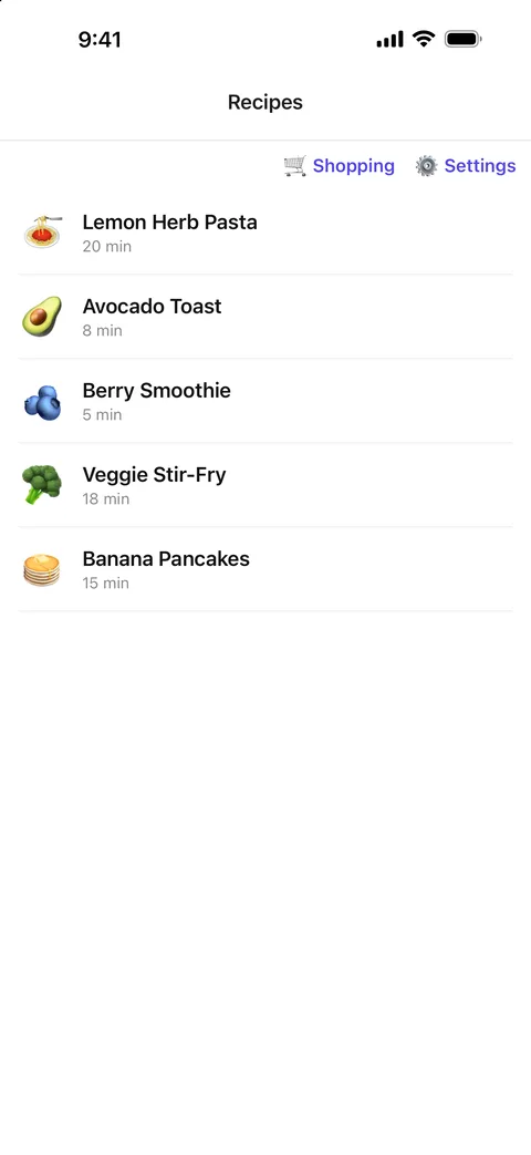 iPhone screenshot: the recipes list